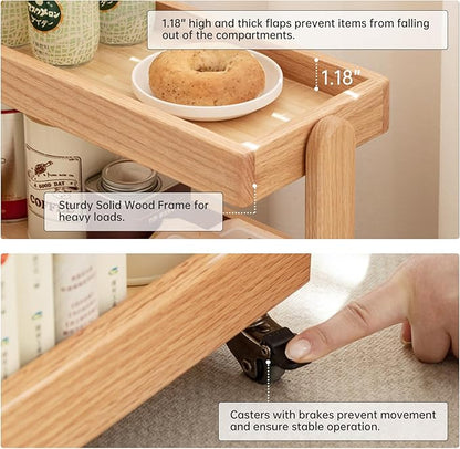 4-Tier Rolling Utility Cart with Lockable Wheels – Solid Oak Mobile Storage Trolley & Shelving Organizer for Kitchen, Living Room(Natural, 7.87" D x 15.75" W x 31.89" H)