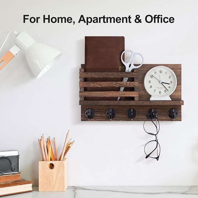 Lwenki Key Holder for Wall – Decorative Wooden Mail Holder and Key Shelf with Mounting Hardware, Installation Guide – Paulownia Wood with Metal Key Hooks (Brown, Large - 11.8inch)