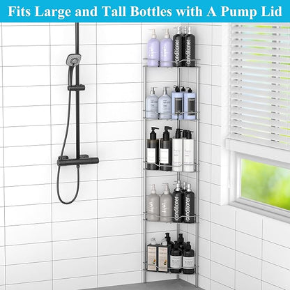 5 Tier Floor Standing Corner Shower Caddy Organizer Shelf with Hooks, Bathroom Shelves Stand Rack, Gray