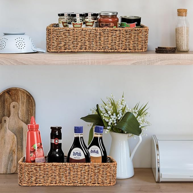 2 Pack Toilet Tank Basket, Handwoven Rectangular Wicker Shelf Baskets for Organizing, Decorative Countertop Storage Bin with Built-in Handle for Bathroom Tank Top, Bedroom Closet