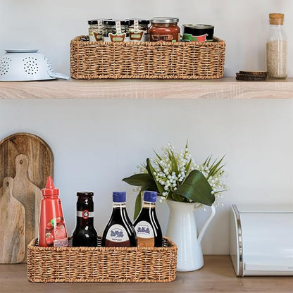 2 Pack Toilet Tank Basket, Handwoven Rectangular Wicker Shelf Baskets for Organizing, Decorative Countertop Storage Bin with Built-in Handle for Bathroom Tank Top, Bedroom Closet