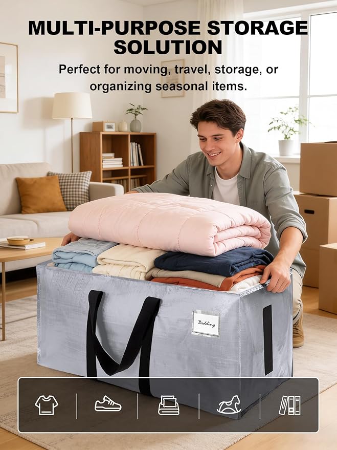 HOMESURE Supports 200lbs Heavy Duty Moving Bags - Strong Zipper & Wrap-Around Handles - Water-Resistant Storage Totes, Durable Alternative to Moving Boxes - 8 Pack - Silver