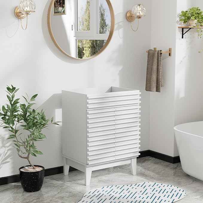 ROOMTEC 24" Bathroom Vanity, Mid-Century Freestanding Bathroom Cabinet Vanity with Storage, Particleboard Frame with Wood Grain Laminate, White(Sink Basin Not Included)