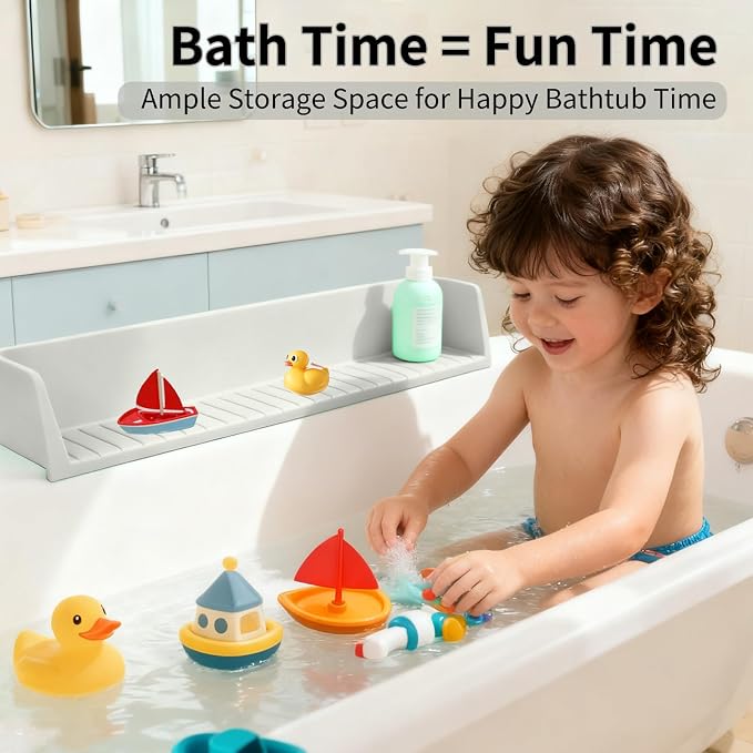 Bathtub Splash Guard for Tub Kids - 31IN Silicone Splash Guard with 11 Strong Suction Cups, Toy Tray Caddy Holder for Tub, Prevent Water Spills in Bathroom, Suitable for Kitchen Sinks and Bathtubs
