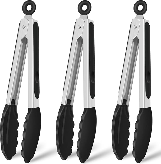 Hotec Silicone Kitchen Tongs for Cooking 9-Inch Serving Tongs with Silicone Tips, Set of 3 (Black)