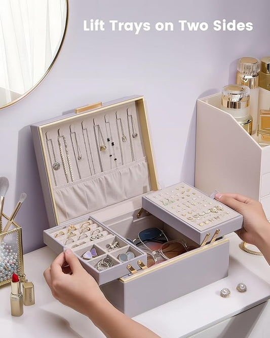 Lolalet Jewelry Box Organizer for Women Girls, 2 Layer Jewelry Organizers and Storage for Necklace Earrings Rings Bracelets, Large Jewellery Holder Case Birthday Gifts -HazePurple