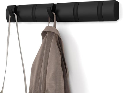 Umbra Flip Wall-Mounted Coat Rack with 5 Hooks – Modern, Space-Saving Storage for Hats, Jackets, Bags, Entryway, Mudroom, Closet, Bathroom, Bedroom – Black