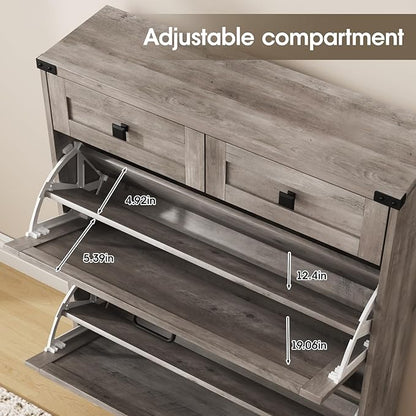 Shoe Cabinet with 2 Flip Drawers & 2 Drawers,Farmhouse Shoe Storage Cabinet for Entryway,Slim Freestanding Narrow Organizer Rack for Front Door Entrance,Grey