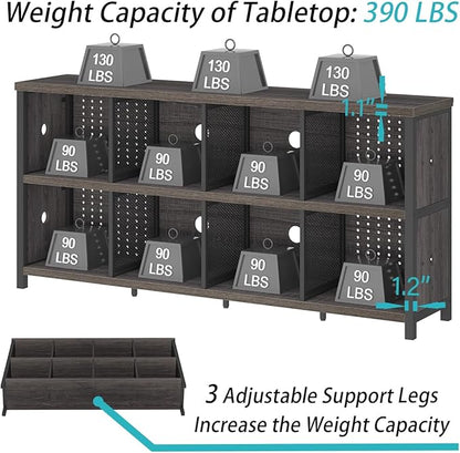 LVB Industrial Horizontal Bookcase, Rustic Wood 4 5 6 7 8 Cube Bookshelf, Modern Wide Long Low Book Shelf, Vintage Large Open Cube Storage Organizer for Office Bedroom Living Room, Dark Gray Oak 63 In