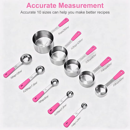 Measuring Cups and Spoons Set Stainless Steel 10 Piece for Cooking and Baking (5 Cups + 5 Spoons, Pink Handle)