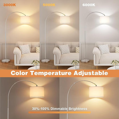 Ambimall Dimmable Arc Floor Lamp with Remote, Color Temperatures and Brightness Adjustable, Arched Floor Lamp with Rotating Head, Over Couch Arched Reading Light for Living Room (White and Silver)