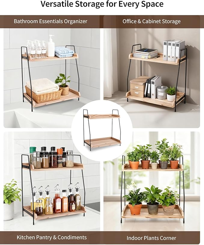 Coffee Bar Organizer for Countertop, 2-Tier Coffee Station Organizer with Metal Frame & Wooden Shelves, Coffee Accessories Organizer Rack for Pods, Syrups, Cups & Tea Bags (Brown)