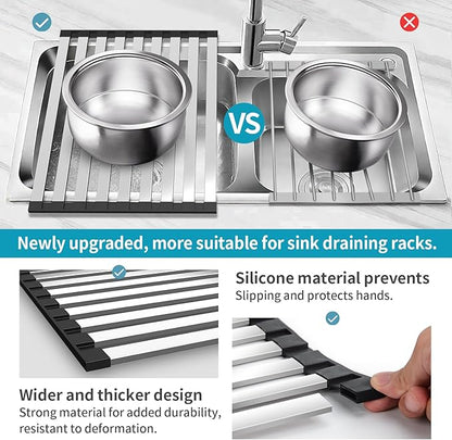 17.7" x 12.8" Roll-Up Dish Drying Rack Over Sink - Kitchen Sink Cover and Organizer Gadget with Foldable Stainless Steel Drainer and Sink Mat, Silver Dish Rack - Small