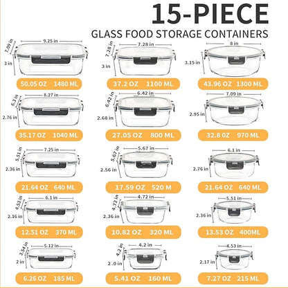 Skroam 15 Pack Glass Food Storage Containers with Lids Airtight, Glass Meal Prep Containers, Lunch Containers with Lids for Microwave, Oven, Freezer and Dishwasher Safe