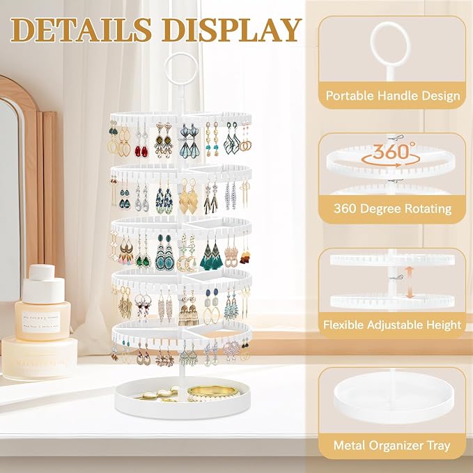 MODOWEY 5 Tier Rotating Earring Holder Organizer Display Tree with Metal Tray, Adjustable Plastic Stand with 285 Slots for Stud Hoop Hanger, Large Capacity Storage Rack for Women Space Saving, White