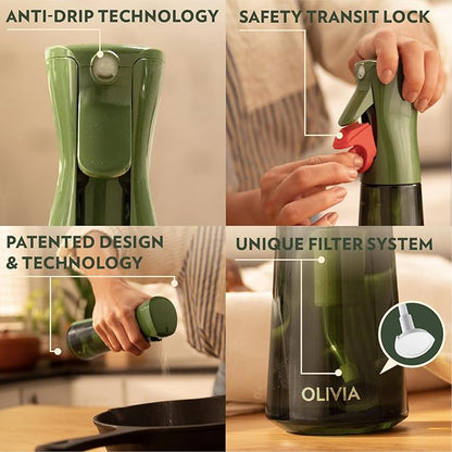 FLAIROSOL OLIVIA Oil Sprayer for Cooking, 2 Pack Green Glass Olive Oil Sprayer, 200ML Oil Dispenser for Kitchen, Continuous Oil Spray Bottle with Portion Control for Air Fryer, Salad, BBQ