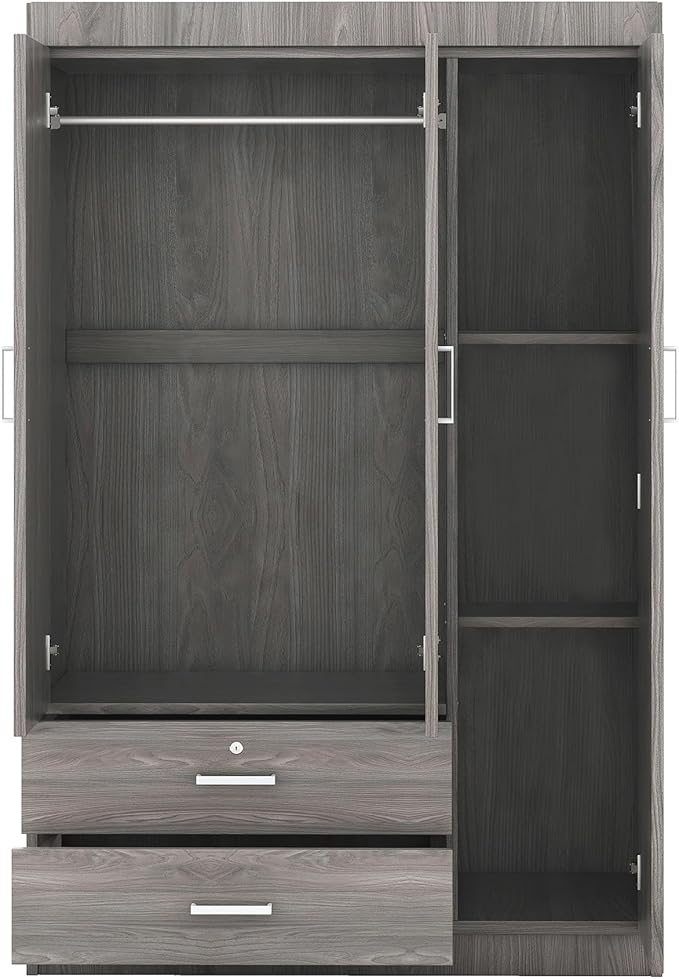 3 Door Wardrobe Cabinet Closet with Storage Drawers, Shelves and Hanging Rail for Clothes, Bedroom Organizer Funiture