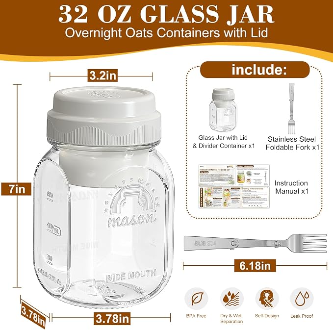 Syntic Glass Overnight Oats Containers with Lids & Silicone Divider, Airtight Reusable 32 oz Mason Jars for Meal Prep, Yogurt Parfait, Chia Pudding, Salad, Cereal, Dishwasher Safe