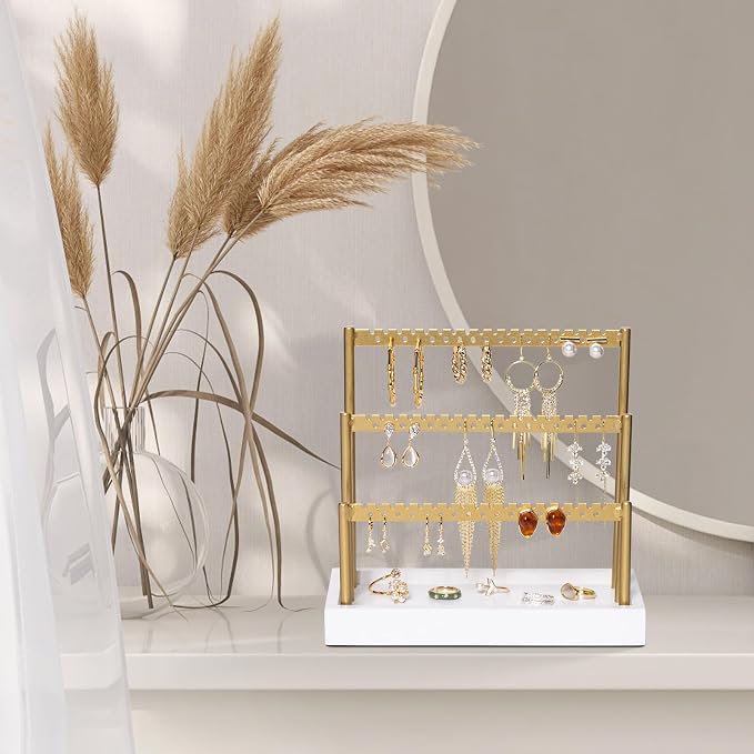SANY DAYO HOME 3-Tier Earring Holder Organizer Stand, 105 Holes Gold Metal Earring Rack Jewelry Display Tree with White Wood Tray for Women and Girls