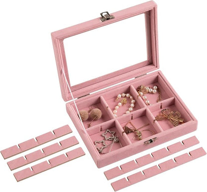 Frebeauty 24 Grid Jewelry Tray,Velvet Stud Earring Organizer,Small Jewelry Organizer with Clear Lid,Lockable Earring Holder Organizer Jewelry Boxes & Organizer Ring Holder for Women & Girls(Pink)