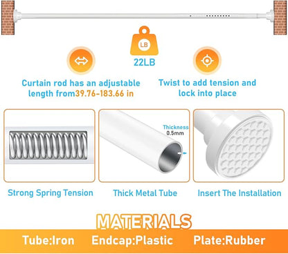 MEXAU White Tension Curtain Rod 40-183 Inch Long Tension Rod 1.26" Spring Tension Curtain Rod Adjustable Curtain Rods No Drilling Tension Shower Rod Curtain Tension Rod for Bathroom Windows Doorways