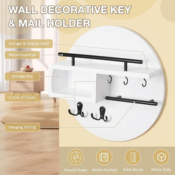 kuaima Key Holder Wall Mount, Round Wooden Key Rack with Shelf, Sunglasses Hanger, Storage Box, Multi Hooks, 12 Inch, White and Black