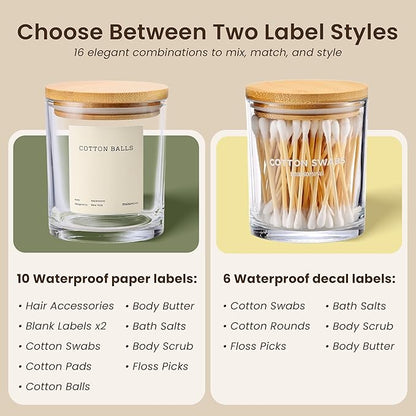 Maisonovo Glass Bathroom Containers with Lids (Airtight) - Qtip Holder - Apothecary Jars for Cotton Rounds, Swabs, Balls, Pads - Clear Q Tip Dispenser - 2 pcs Bathroom Canisters Set for Organization