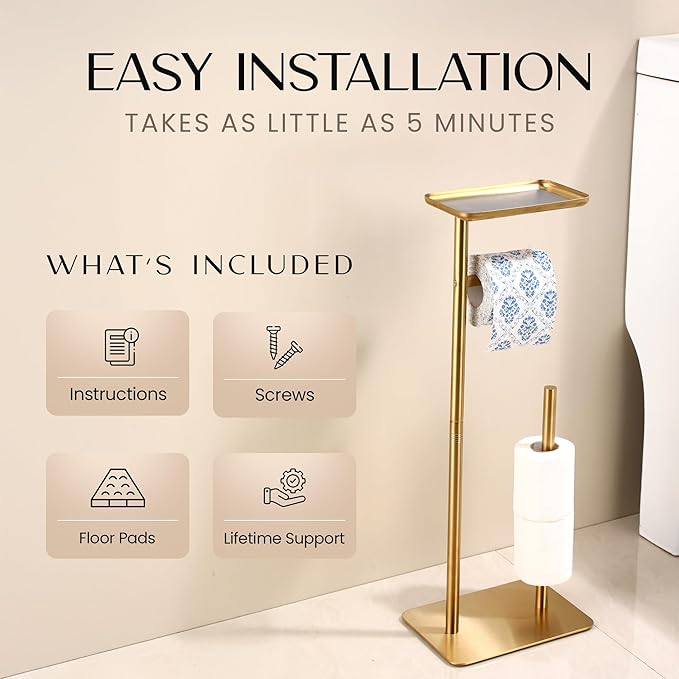 Day Moon™ Gold Toilet Paper Holder Free Standing Toilet Paper Holder with Storage - Toilet Paper Stand and Tissue Holder for Bathroom - Toilet Paper Holder with Shelf and Wipe Holder