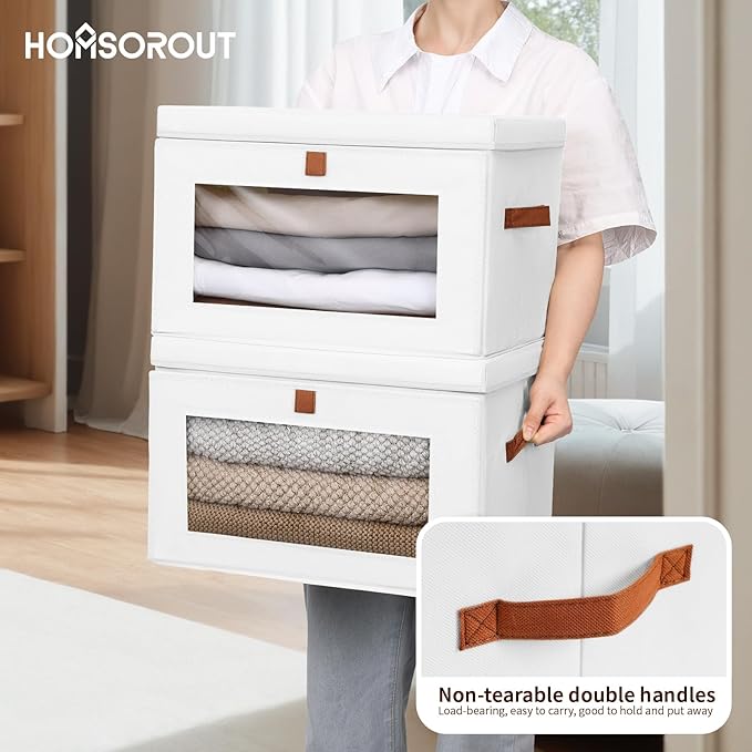 Homsorout Large Closet Storage Bins - Collapsible Clothes Organizer with Handles & Window, Decorative Boxes with Lids, Linen Closet Organizers for Living Room, Dorm, 5 Pack, White