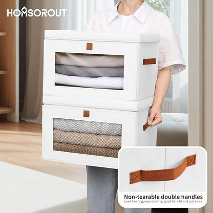 Homsorout Large Clothing Storage Bins - Collapsible Boxes with Handles & Window, Decorative Organizer Bins with Lids, Fabric Containers for Living Room, Dorm, 2 Pack, White