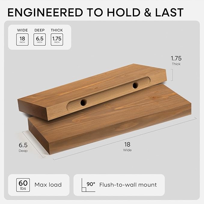 Homeforia 18 inch Golden Oak Floating Shelf, High End Solid Real Wood 18inch Small Floating Shelves for Wall Mounted, Oak Wooden 18in Floating Shelves, Heavy Duty Bracket, 18 X 6.5 X 1.75 in, Set of 4