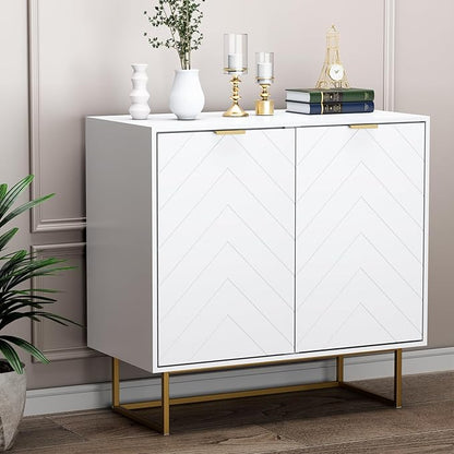 Scurrty 94.5" Large Sideboard Buffet, Storage Cabinet with Golden Legs, Black Sideboard Storage Cabinet with 6 Doors and Adjustable Shelf, Accent Cabinet for Living Room, Kitchen,White