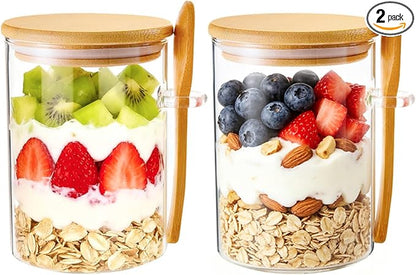 Overnight Oats Jars, Overnight Oats Container with Lid and Spoon, 2 Pack Glass Jars with Bamboo Lids for Cereal, Yogurt, Chia Pudding