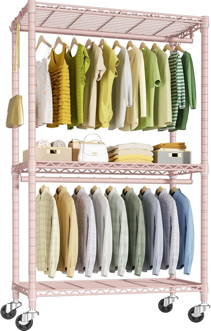 FUTASSI P3 Rolling Clothes Rack, Clothing Racks for Hanging Clothes, Heavy Duty Garment Rack with Wheels, Freestanding Portable Closet Organizer 39.4''W x 14''D x 78.5''H, Max Load 464 LBS, Pink