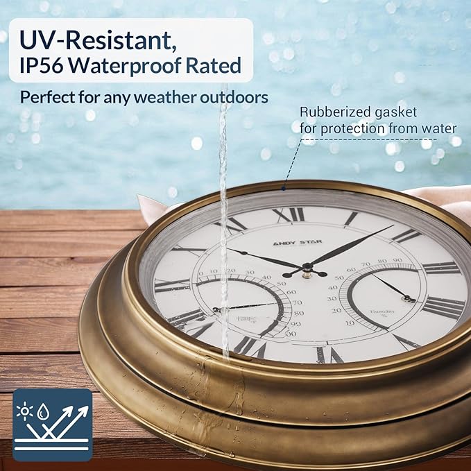ANDY STAR 24 Inch Outdoor Clocks Waterproof,Large Outdoor Wall Clocks for Patio with Thermometer Combo, Illuminated Indodor Metal Clock Battery Operated Non Ticking, House Warming Gifts Gold Finish