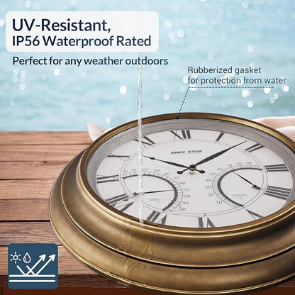 ANDY STAR 24 Inch Outdoor Clocks Waterproof,Large Outdoor Wall Clocks for Patio with Thermometer Combo, Illuminated Indodor Metal Clock Battery Operated Non Ticking, House Warming Gifts Gold Finish