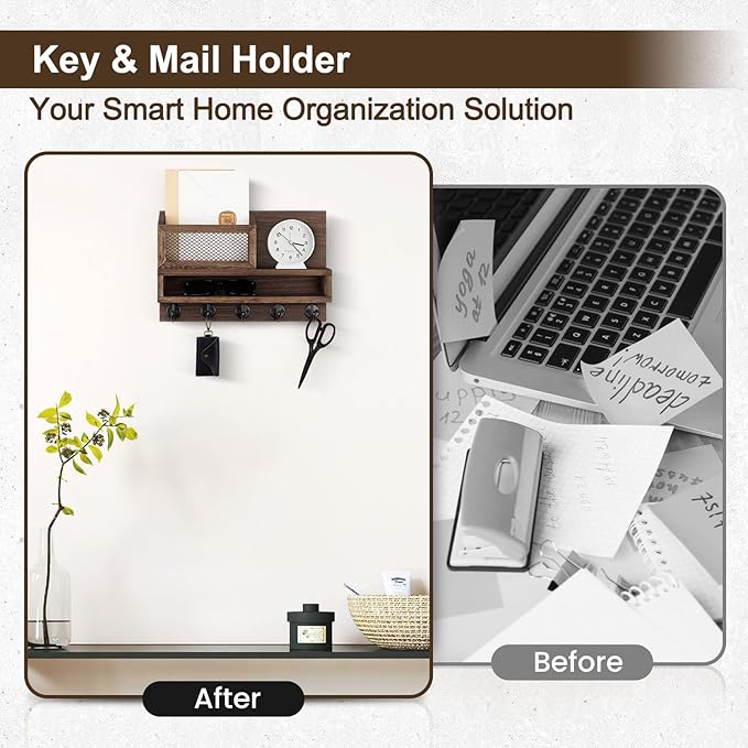 Key Holder for Wall, Mail Organizer Wall Mount with Storage Compartment and 5 key Hooks for Coat, Dog Leash, Stylish Mesh Mail Holder, Home Decor Entry Way Organizer