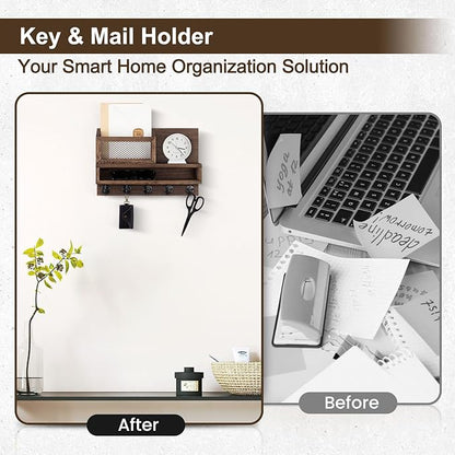 Key Holder for Wall, Mail Organizer Wall Mount with Storage Compartment and 5 key Hooks for Coat, Dog Leash, Stylish Mesh Mail Holder, Home Decor Entry Way Organizer
