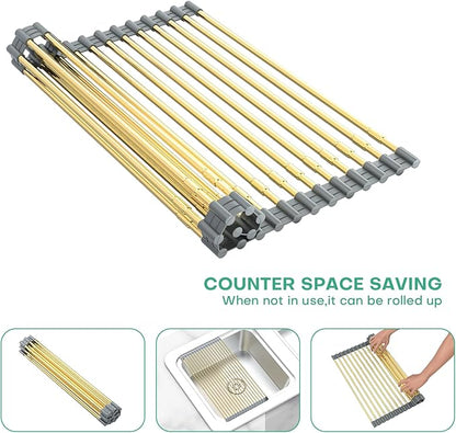 Expandable Large Draining Rack, Roll Up Heat-Resistant Dish Drainer for Stainless Steel Sinks, Collapsible Over The Sink Rack Non-Slip Silicone Rolling Up Rack Gold 18 Tube