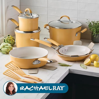 Rachael Ray Cucina Ceramic Cookware Set - 13 Pieces - Ceramic Pots and Pans Set w/Nonstick Frying Pans, Saute Pan, Saucepans, Stockpot, Lids, Pan Protectors - Turmeric
