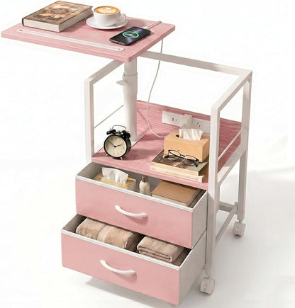 Faesun Swivel Lift Top Nightstand with Charging Station, Rolling Side Table for Recliner, Bedside Table with Wheels & 2 Fabric Drawers, for Small Spaces, for Bedroom, Living Room, Pink