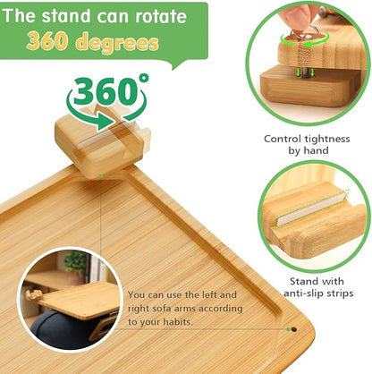 Smatdecis Couch Arm Tray Table Sofa Arm Clip, Armrest Tray Table Suitable for Home Drinks/Fast Food/Fruit Etc, Large Size Multi-Function Natural(360° Rotating Stand B)