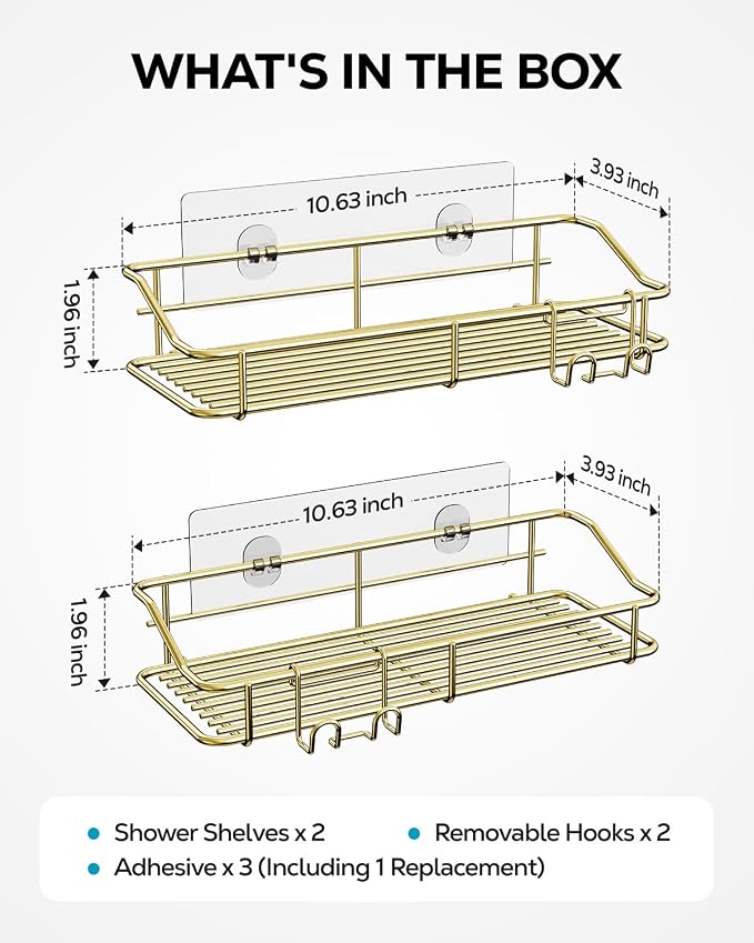 Nieifi Shower Caddy Shelf Storage Rack Adhesive Without Drilling Stainless Steel with Hooks for Washroom, Lavatory, Restroom, Toilet, Bathroom, Kitchen - 2 Pack, Golden