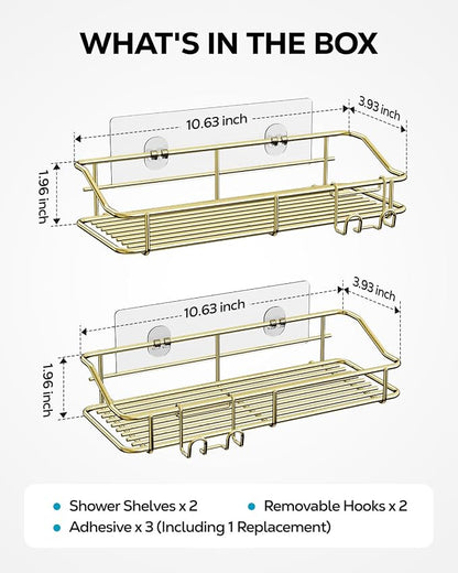 Nieifi Shower Caddy Shelf Storage Rack Adhesive Without Drilling Stainless Steel with Hooks for Washroom, Lavatory, Restroom, Toilet, Bathroom, Kitchen - 2 Pack, Golden