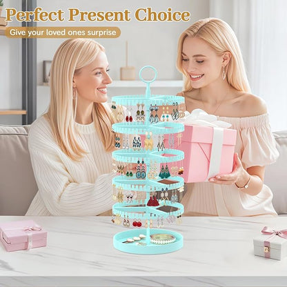 MODOWEY 5 Tier Rotating Earring Holder Organizer Display Tree with Metal Tray, Adjustable Plastic Stand with 285 Slots for Stud Hoop Hanger, Large Capacity Storage Rack for Women Space Saving, Blue