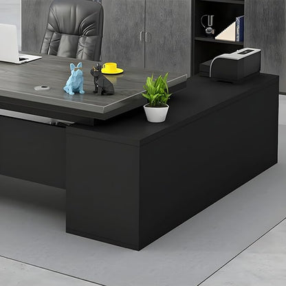 LITFAD Modern L-Shape Office Desk with Wood Base Executive Desks Boss Table Computer Desk Home Office Furniture with Drawers and Storage Shelves - Without Chairs 63" L x 23.6" W x 29.5" H Gray