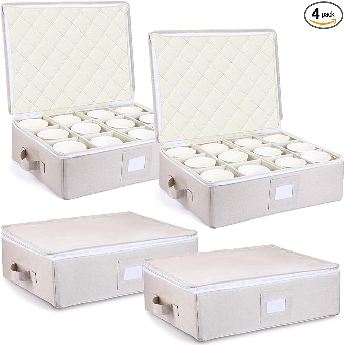 Uiifan 4 Pcs Cup and Mug Storage Box Stemware Storage Cases Containers Holds 12 Coffee Mug and Tea Cup with Lid Handle Wine Glass Box with Insert Cards for Label(Yellow)