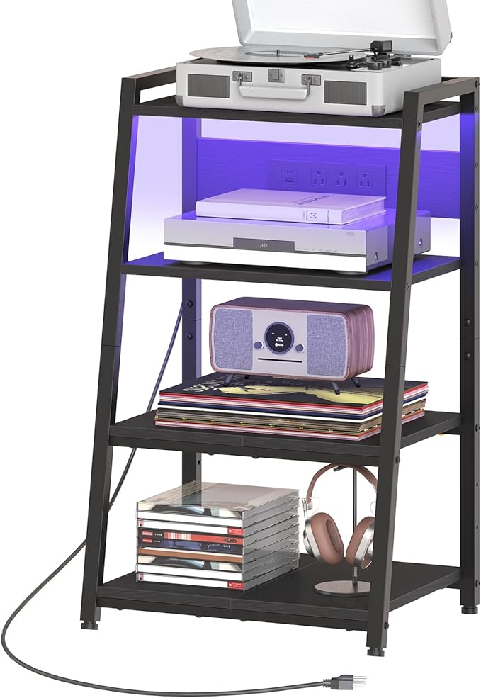 HOOBRO 4-Tier AV Media Stand with Charging Station and LED Light, Wooden Stereo Cabinet, Game Console Stand, Media Audio Tower Rack, Record Player, Small Entertainment Center, Black BB106UDCJ01