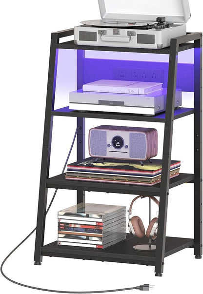 HOOBRO 4-Tier AV Media Stand with Charging Station and LED Light, Wooden Stereo Cabinet, Game Console Stand, Media Audio Tower Rack, Record Player, Small Entertainment Center, Black BB106UDCJ01