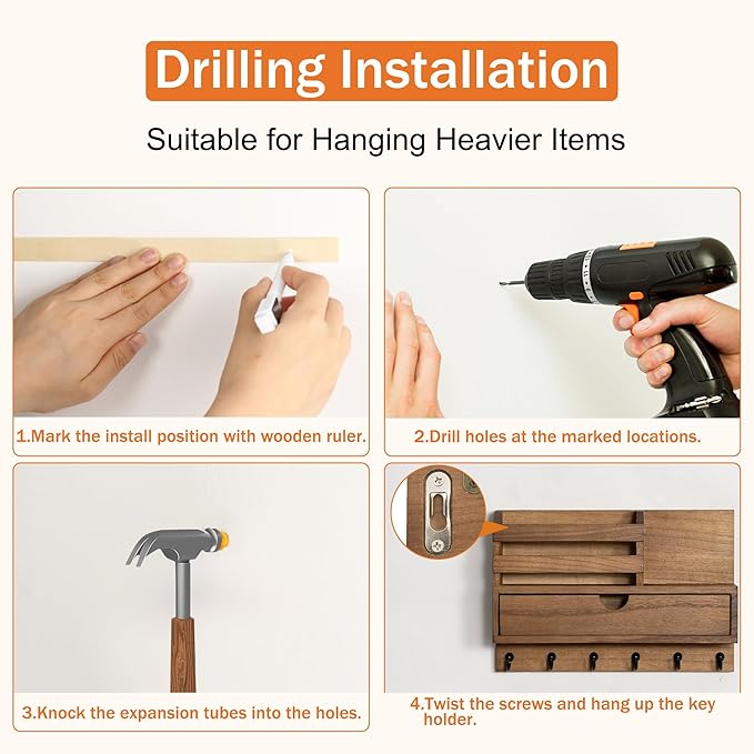 Key and Mail Holder for Wall, Mail Organizer Wall Mount with 6 Hooks and Storage Drawer, Wooden Key Rack Hanger with Shelf for Entryway and Home Decor